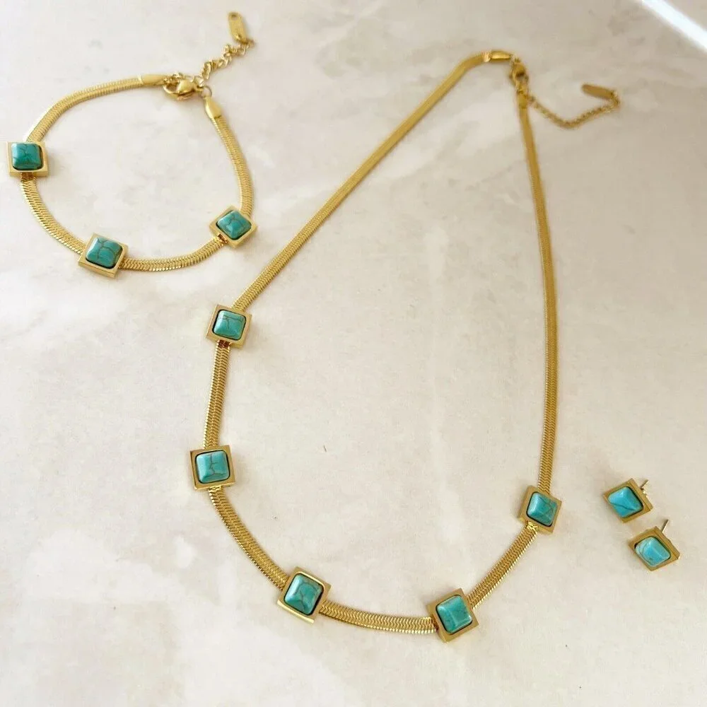 18K Gold Plated herringbone Turquoise Necklace Set Stainless Steel jewelry